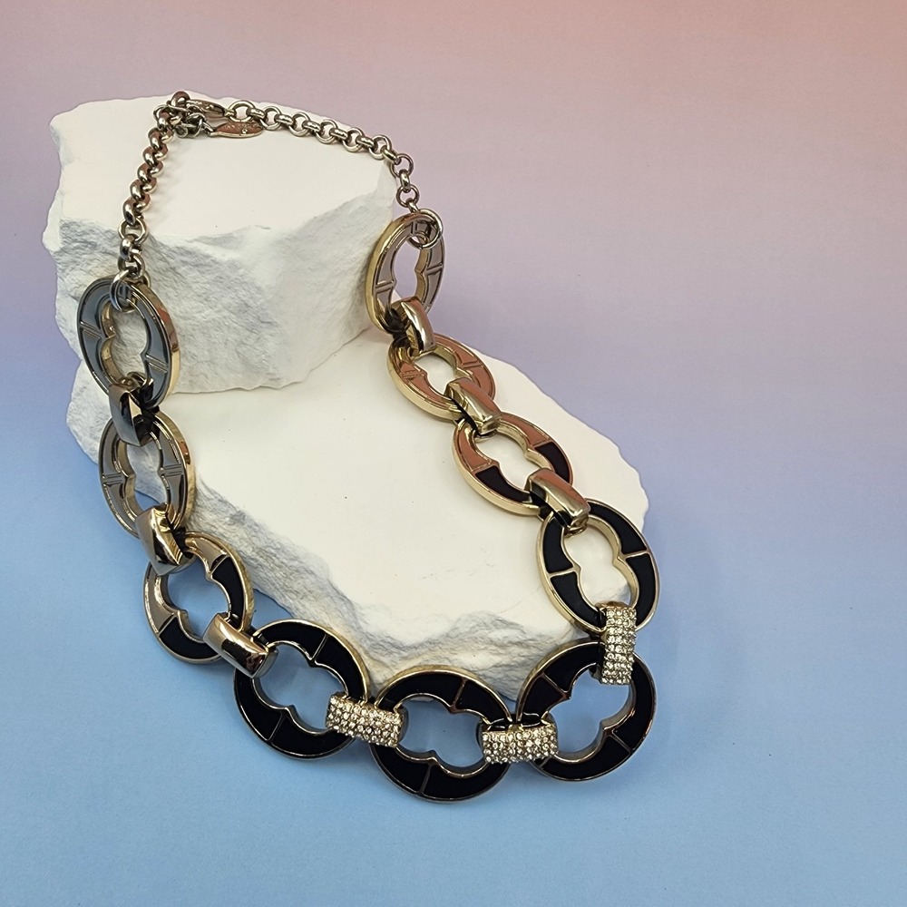 Ann Taylor Black Enamel Rhinestone Link Necklace Mixed Metal Chunky Statement